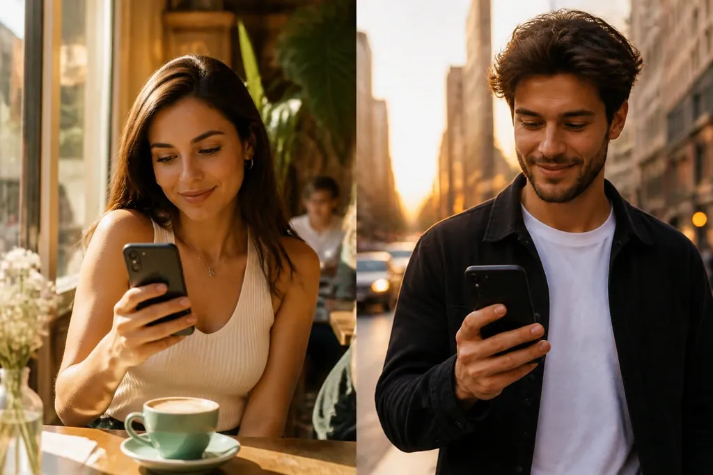 A man and a woman in different places, both checking Loviu on their iPhones